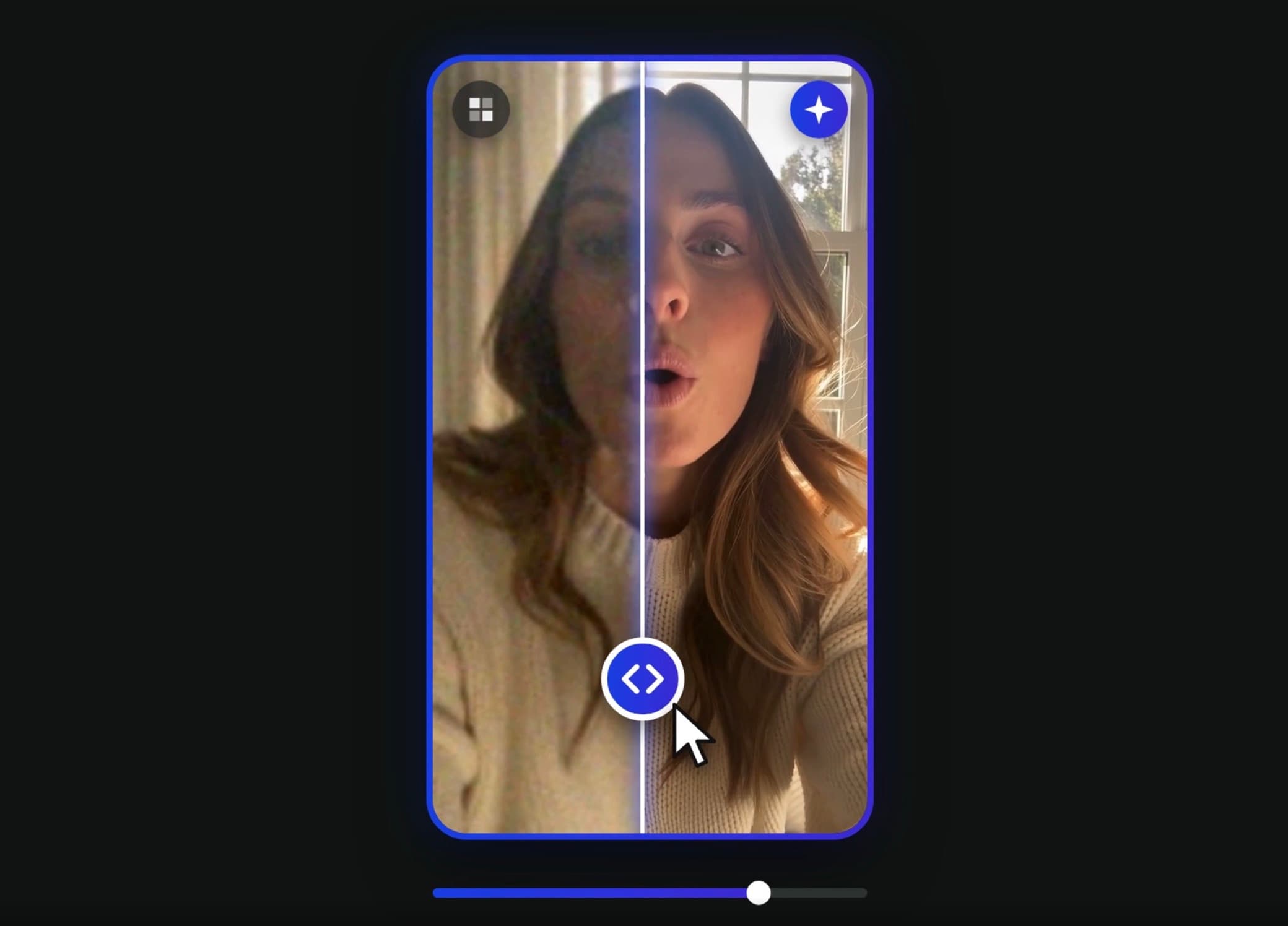 A blurry, dull selfie video on the left and the same video upscaled, sharp and bright on the right, split by a compare slider